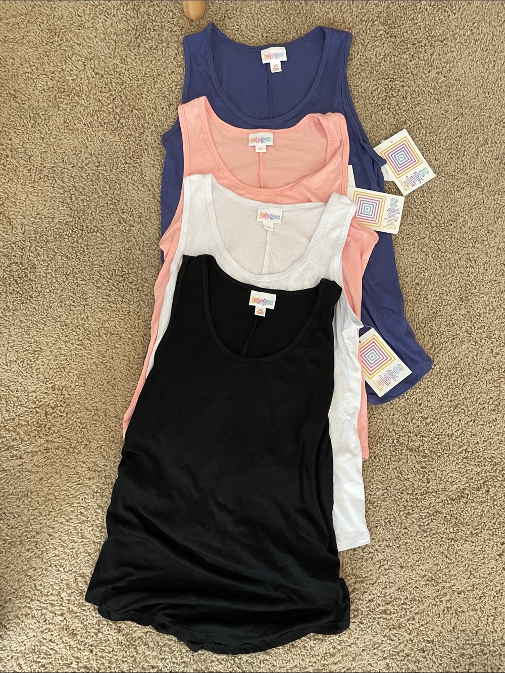 Set of 4 LuLaRoe Scoop Neck Tank Tops - Blue, Pink, White, and Black